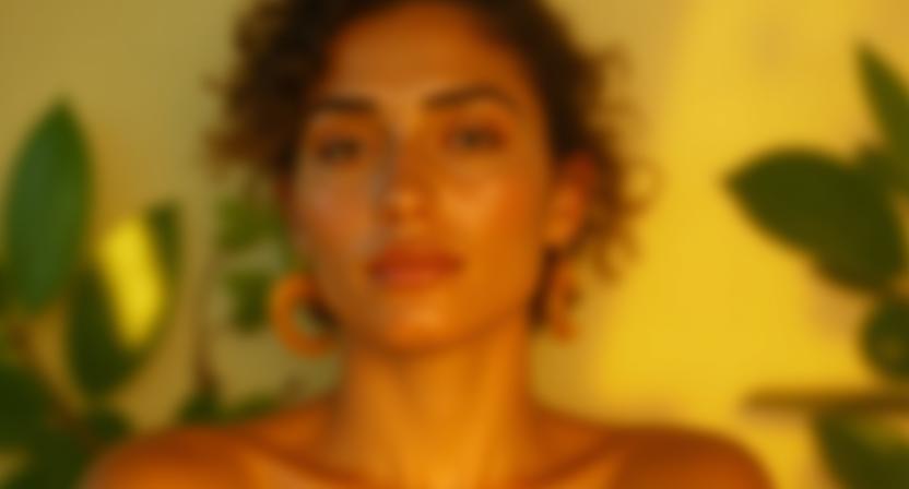 Modern woman using herbal skincare products with glowing background